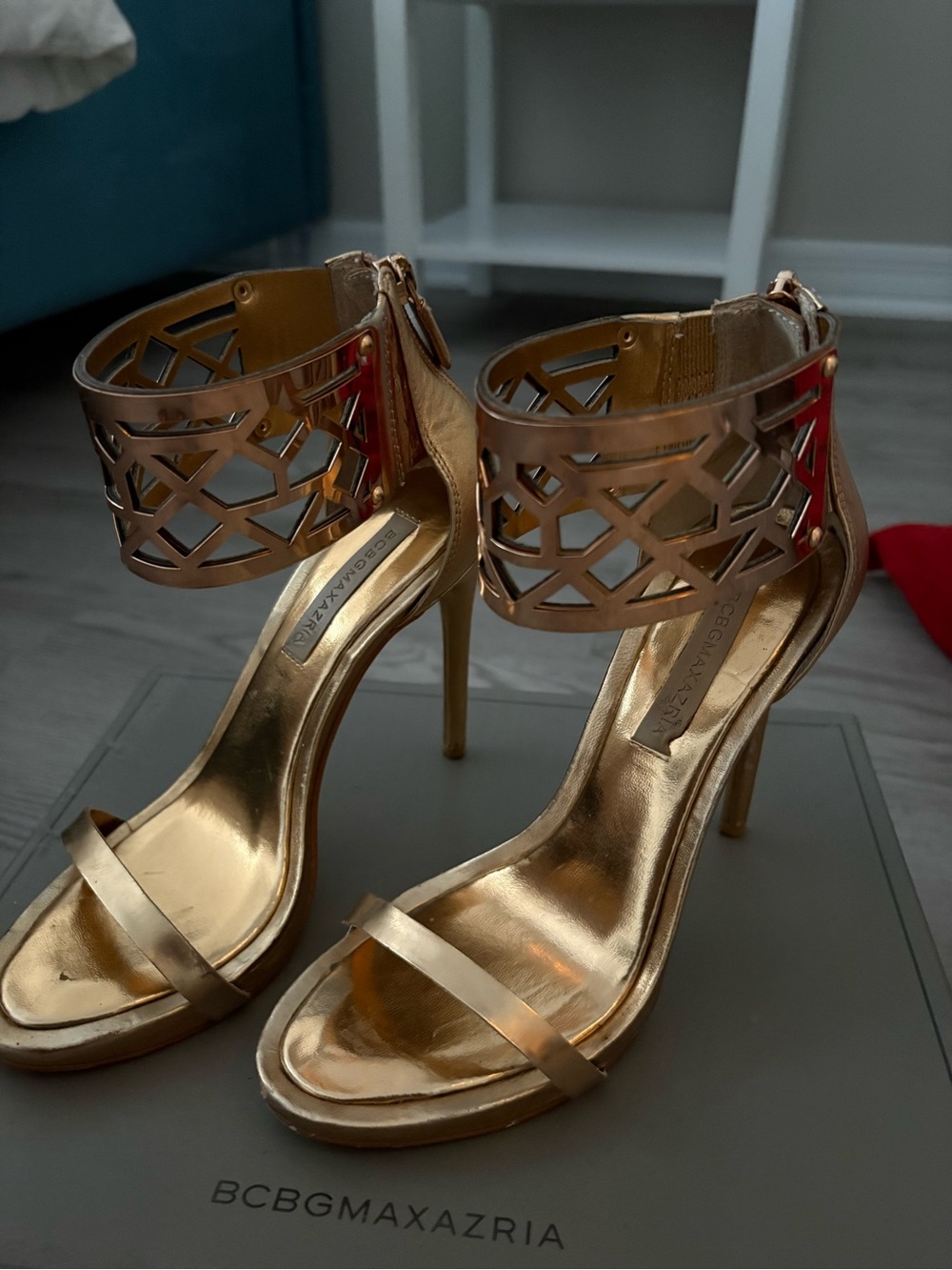 BCBGMaxAzria Gold Metallic Cutout Ankle Cuff Stiletto Sandals